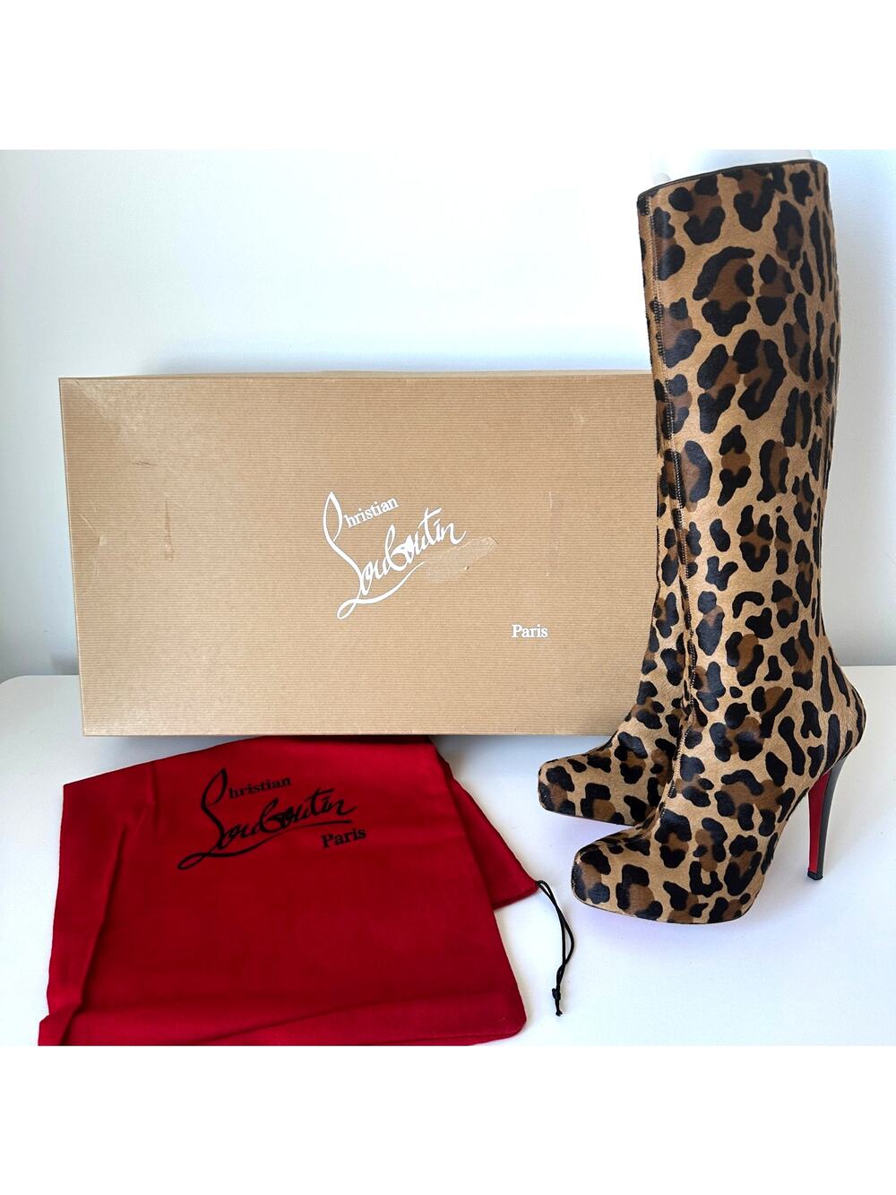 Christian Louboutin Alta Ariella Pony Hair Leopard Tall Boots EU 37